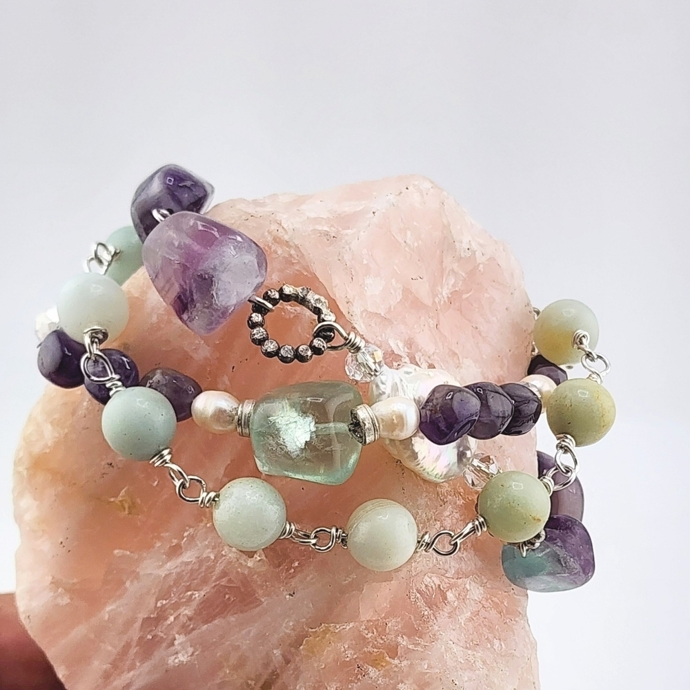 AMETHYST, AMAZONITE & PEARLS HANDMADE BRACELET IN STERLING SILVER APPRX 8 INCHES - Picture 5 of 10
